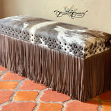 Dusty Grey Cowhide & Fringe Bench