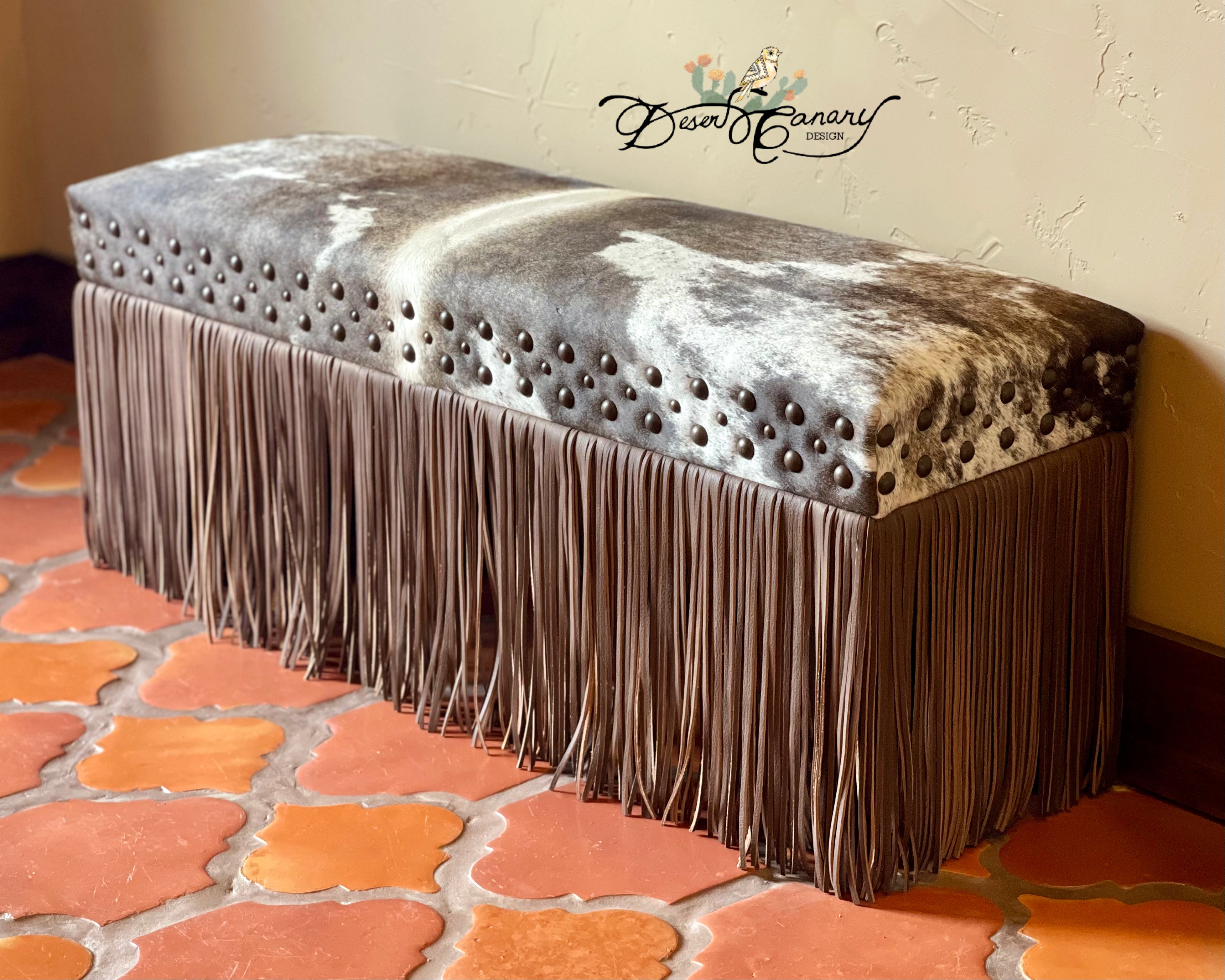 Cowhide Bench Rustic Dusty Grey Cowhide & Fringe Bench – Desert Canary