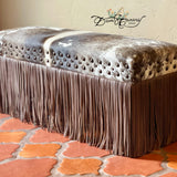Dusty Grey Cowhide & Fringe Bench