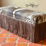 Dusty Grey Cowhide & Fringe Bench